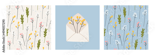 Set of spring patterns and illustration of envelope and flowers. Vector seamless background