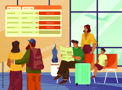 Airport hall or waiting hall, vector banner or background. Passengers or tourists wait flight in airport. Airplane arrivals or departures schedule. People transportation, trip or journey theme.