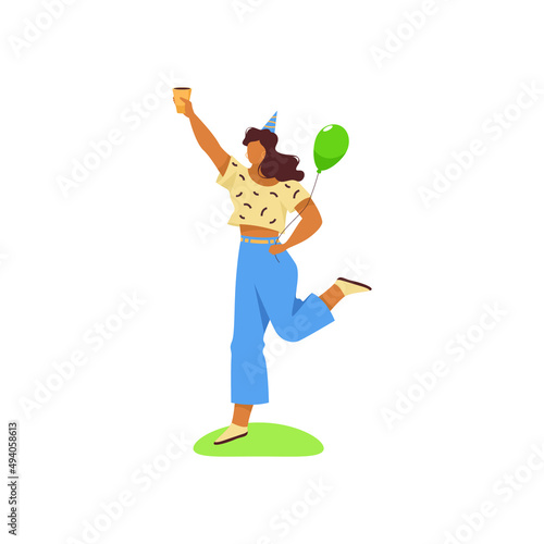 Happy girl or woman with balloon, vector clipart or banner. Celebration Birthday, New Year, 8 of march, Valentines Day, event or holiday festival. Fun or entertainment.