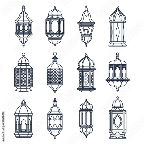 Linear arabian lamp or lantern, vector icon set. Silhouettes of moroccan or turkish light, contour clipart. Antique elments or vintage outline decor. Ramadan mubarak symbols.