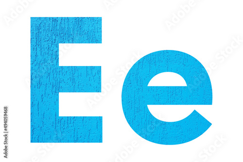 Alphabet uppercase and lowercase letters E with wall texture. Blue letter E in upper and lower case isolated on white background..
