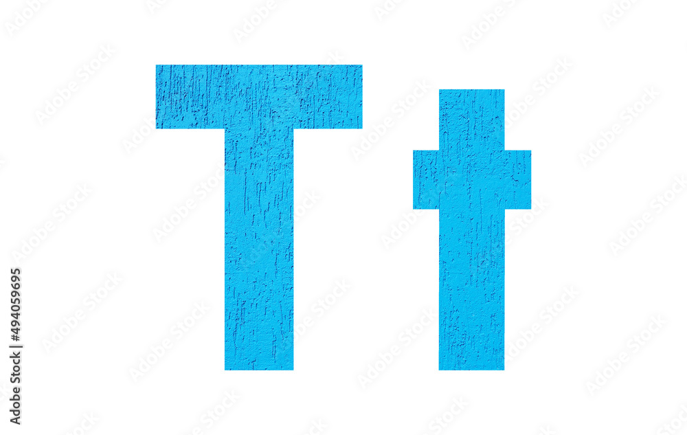 Fototapeta premium Alphabet uppercase and lowercase letters T with wall texture. Blue letter T in upper and lower case isolated on white background..