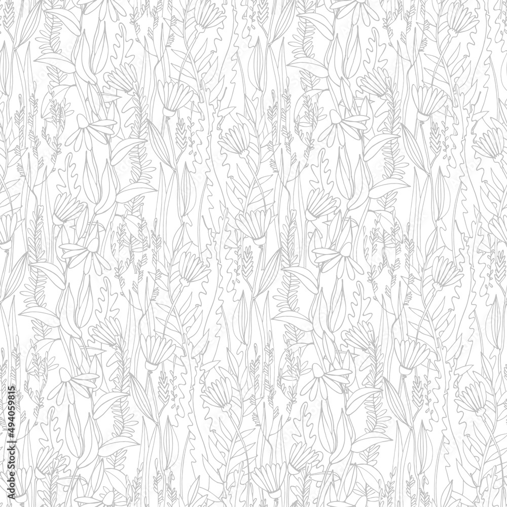 Fototapeta premium Seamless pattern with hand drawn meadow flowers in Outlined illustrations on white background for surface design and other design projects