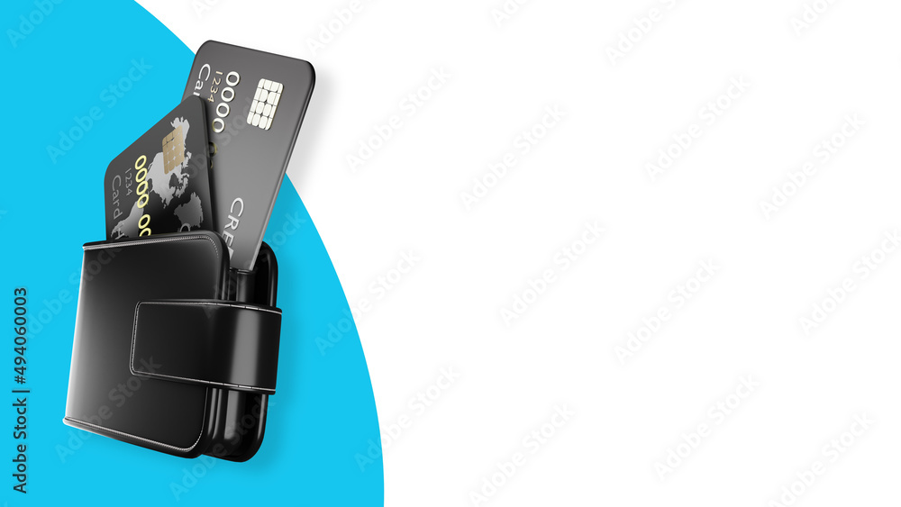 Credit debit card in wallet. Cards for bank payments. Black credit
