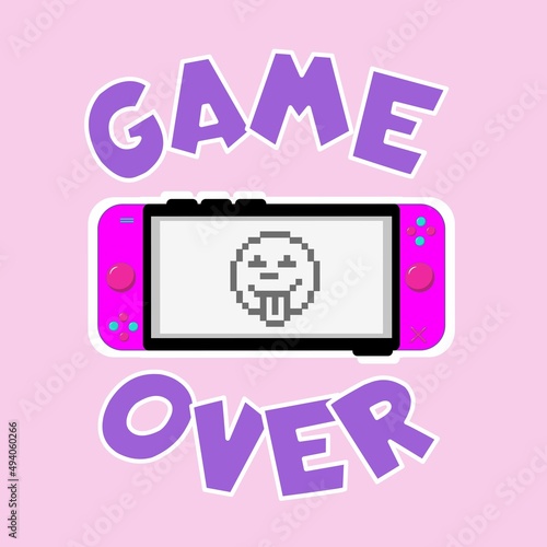 Game over cartoon vector illustration with pink game and watch retro controller and pixel smile. Gamer quote flat style design for poster, print, card, sticker etc. Vintage game controller design.