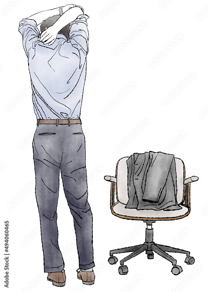 椅子にスーツの上着を掛けて立ち ストレッチをする男性の後ろ姿の手描き水彩イラスト Stock Illustration Adobe Stock 椅子にスーツの上着を掛けて立ち ストレッチをする男性の後ろ姿の手描き水彩イラスト Stock Illustration Adobe Stock