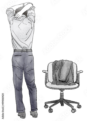 椅子にスーツの上着を掛けて立ち、ストレッチをする男性の後ろ姿の手描き水彩イラスト（モノクロ）