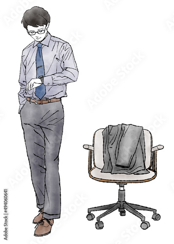 椅子にスーツの上着を掛けて立ち、腕時計を笑顔で見ている男性の手描き水彩イラスト