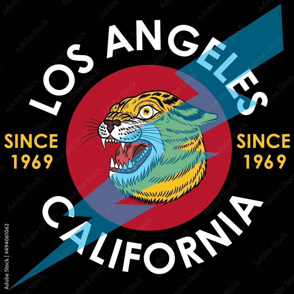 Illustration vector tiger style surf with thunder and text Los Angeles California