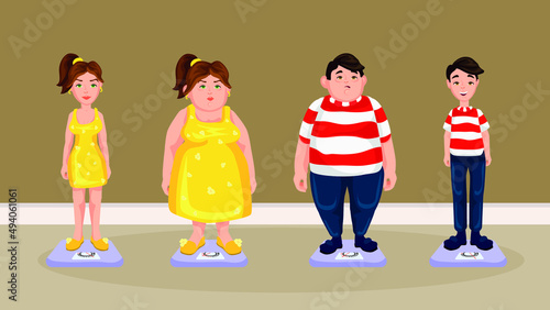 Images of two teenagers doing before and after from fat to thin. Weight gained as a result of an unhealthy life. The difficulties of overweight life and obesity problems. 