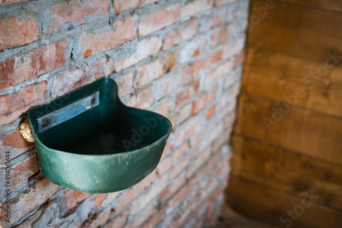 Plastic horse feeder bucket on brick wall in stable, selective focus, © Robert Petrovic