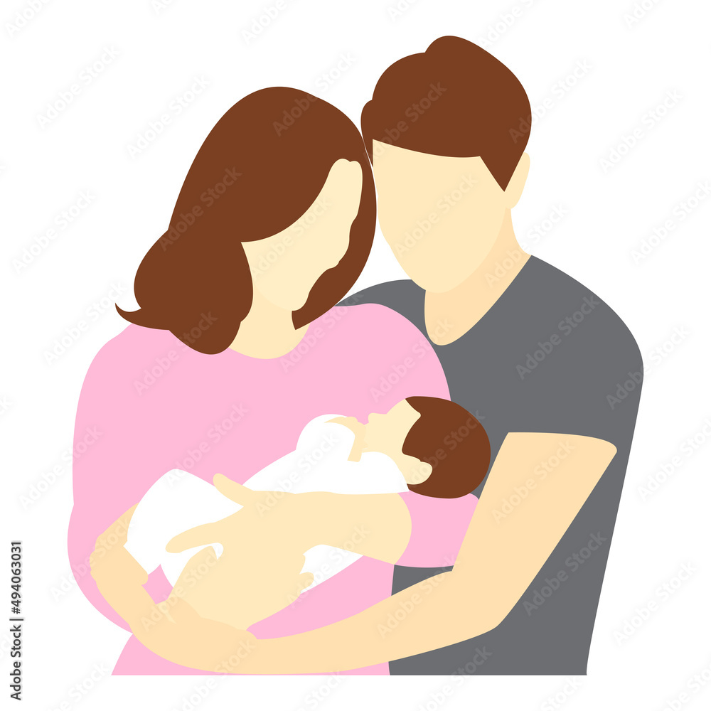 Family. Mom and dad are holding the baby in their arms. Motherhood. Paternity. Vector illustration isolated on white background Family. Mom and dad are holding the baby in their arms. Motherhood. Paternity. Vector illustration isolated on white background