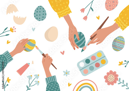 Easter top view scene - happy family preparing for Easter. Mother and daughter or some are painting eggs. Adult and childish hands holding brushes. Vector flat hand drawn illustration
