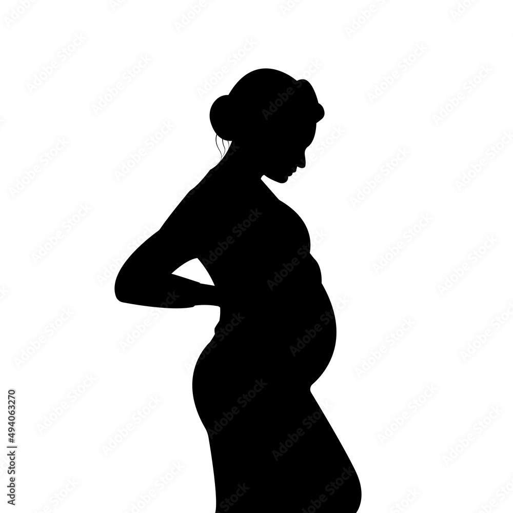Silhouette of a pregnant girl. Pregnant woman. Expectant mother hugs her belly. Vector illustration isolated on white background