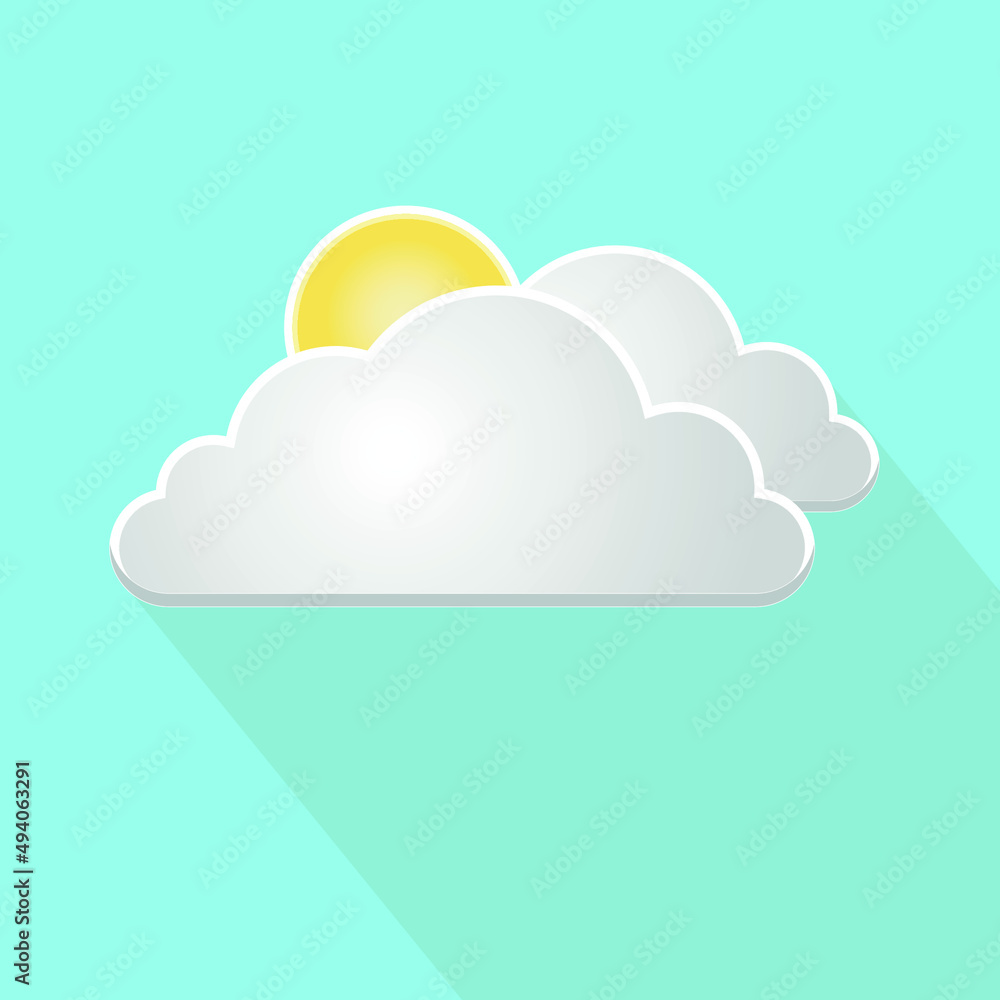Flat yellow sun behind white clouds weather web icon. Vector illustration with shadow on blue background. Paper art style Flat yellow sun behind white clouds weather web icon. Vector illustration with shadow on blue background. Paper art style