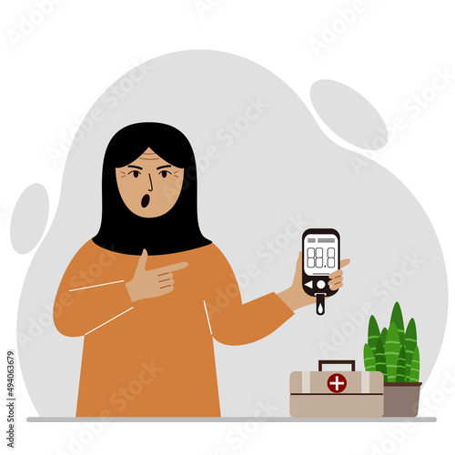 Screaming muslim woman holds a glucometer in his hand. The concept of blood sugar control, diabetic.