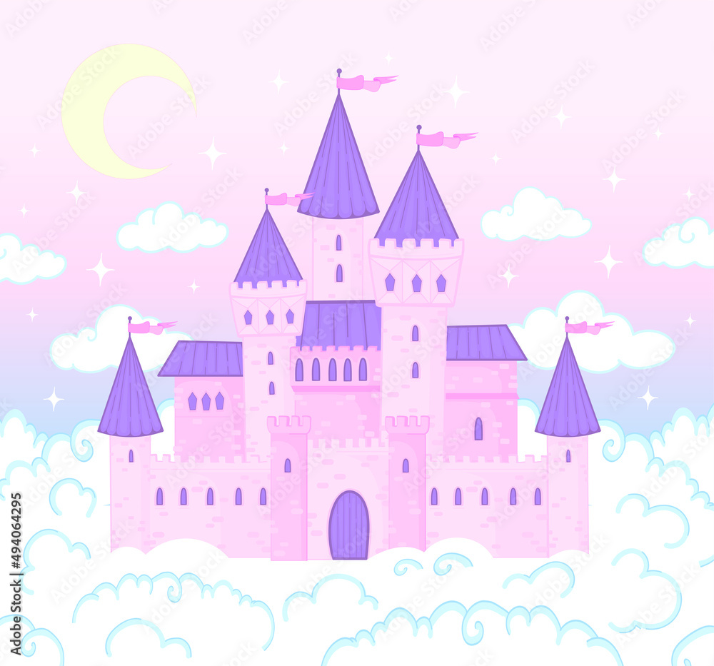 Magic castle. Cartoon castle in pink clouds. Magic land, fairytale cloud and fabulous sky. Fairy castle for little princess. Fantastic tower, majestic kingdom building landscape vector illustration
