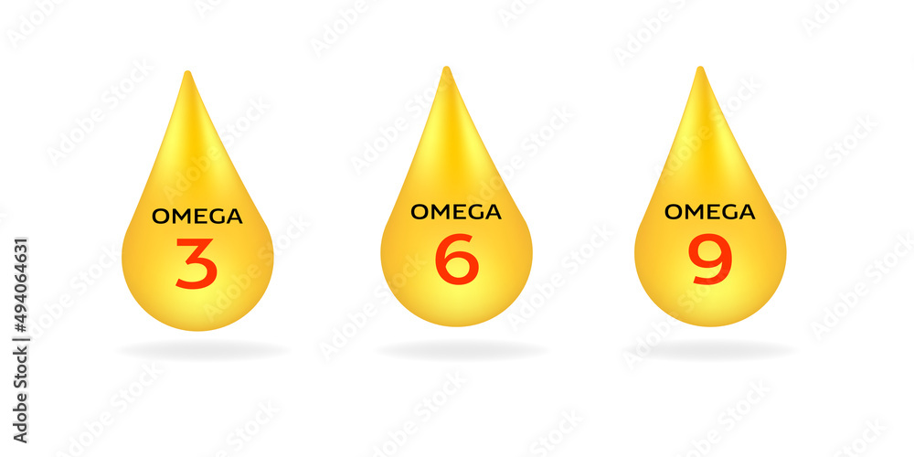 Vitamin Omega 3, 6, 9 drop realistic 3d style. Fish fat. Healthy lifestyle vector concept