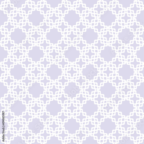 Vector abstract seamless curvy mesh pattern. Subtle ornament texture with curved grid, wavy shapes, smooth crosses, lattice. Simple lilac ornamental background. Repeat design for print, decor, fabric