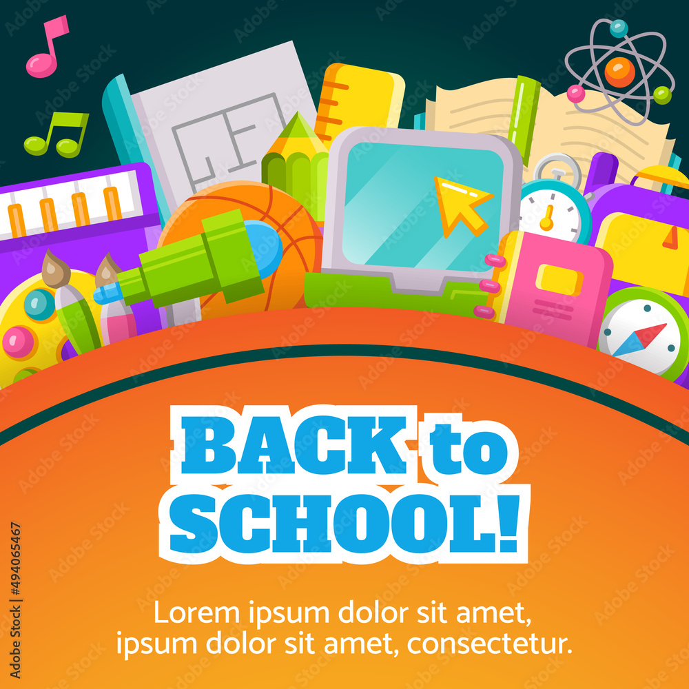 Back to school banner design with colorful school supplies, educational items and sale text for shopping discount promotion. Vector illustration