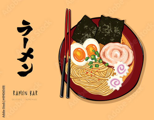 Delicious hand drawn ramen bowl, traditional japanese food with noodles, broth, eggs, seaweed, meet and scallions, great for advertisement, flyers, banners - vector design