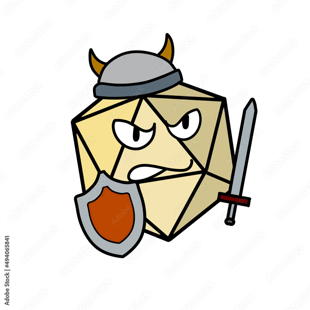 Cartoon dice for fantasy dnd and rpg. Medieval warrior wearing helmet with weapon Cartoon dice for fantasy dnd and rpg. Medieval warrior wearing helmet with weapon