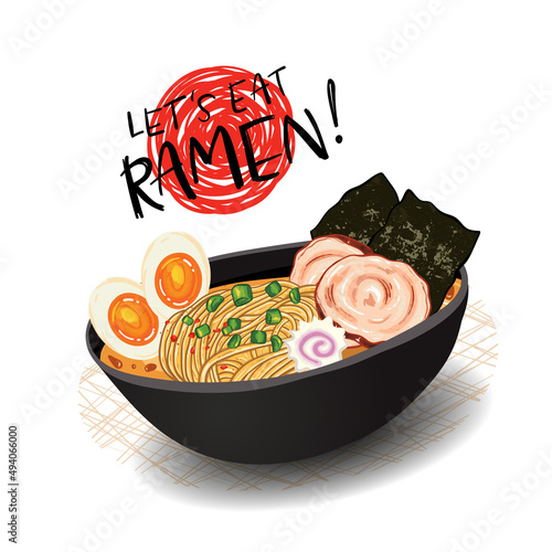 Delicious hand drawn ramen bowl, traditional japanese food with noodles, broth, eggs, seaweed, meet and scallions, great for advertisement, flyers, banners - vector design