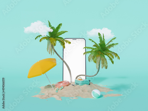 Fototapeta Naklejka Na Ścianę i Meble -  mobile phone with palm trees and summer travel accessories