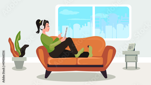 Vector illustration of girl spending free time. Home life and relaxation concept.