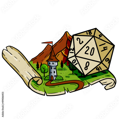 Tabletop RPG game with 20d dice. Castle fort with tower.