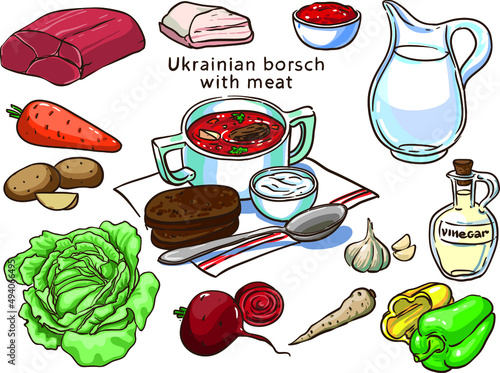 Ukrainian borsch ingredients vector set