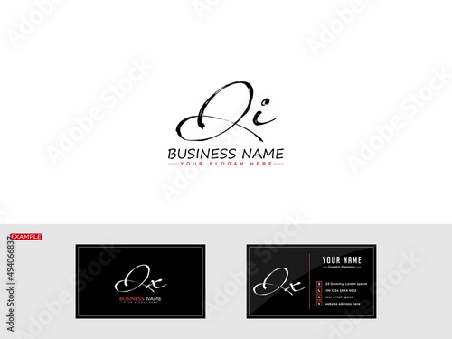 Brush QI Letter Icon Logo, Handwriting qi Signature Logo for simple exclusive boutique shiny business with business card design