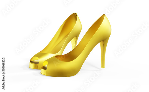 3d render womens fashion shoes, gold color. 3d image. White background.