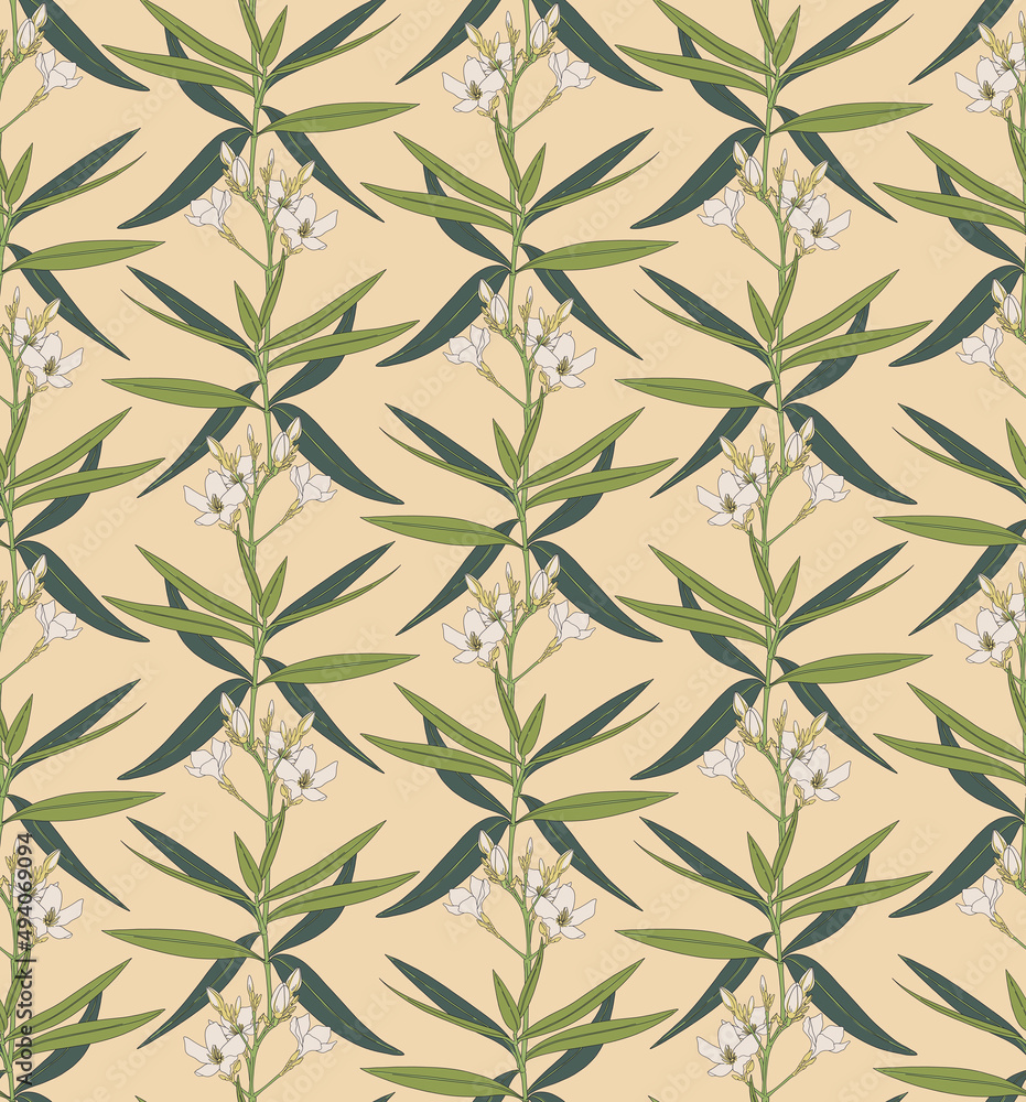 Vintage floral seamless pattern of white crape jasmine flowers and buds in art nouveau style