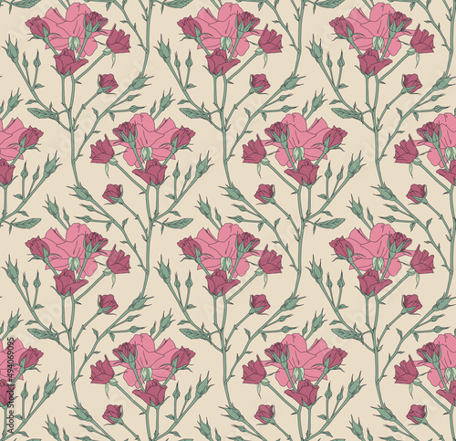 Vintage floral seamless pattern of red rose flowers and buds in art nouveau style