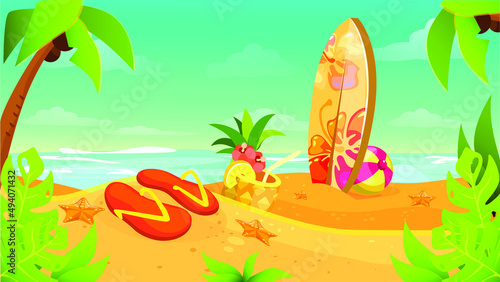 Summer and sea vacation vector illustration. Summer Season opening concept. Tropical Beach.