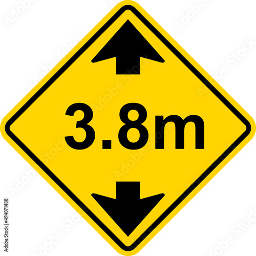 Height restriction limit 3.8 meter warning sign. Black on yellow diamond background. Traffic signs and symbols.