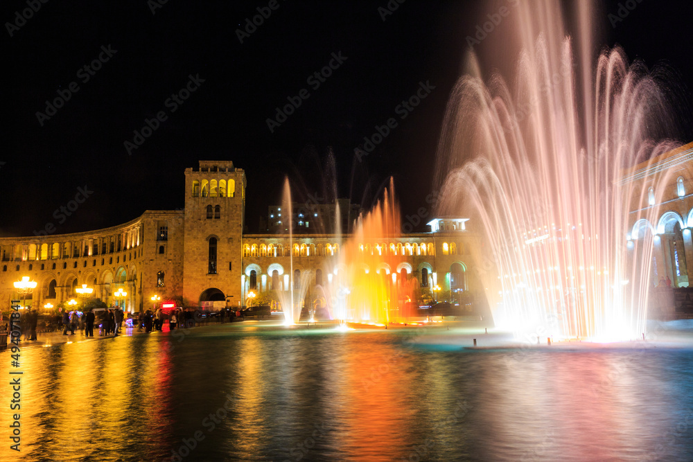Government building on the central square of the city, Revolution Square in Yerevan at night. Armenia 