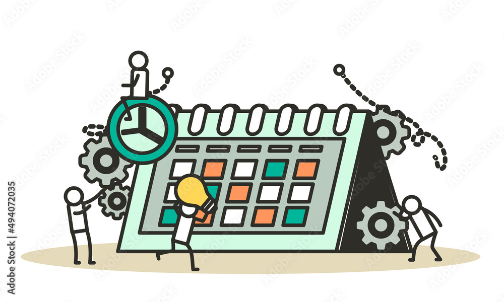 Calendar schedule week vector concept illustration. Student appointment employee agenda man and woman. Business plan with clock,pencil. Date time meeting day. Coworker banner office teamwork assign Calendar schedule week vector concept illustration. Student appointment employee agenda man and woman. Business plan with clock,pencil. Date time meeting day. Coworker banner office teamwork assign