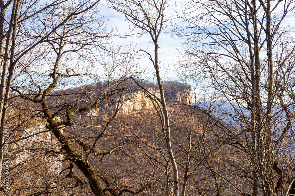 Winter mountain landscape on a sunny day, without snow cover, on observation decks. Winter mountain landscape on a sunny day, without snow cover, on observation decks.