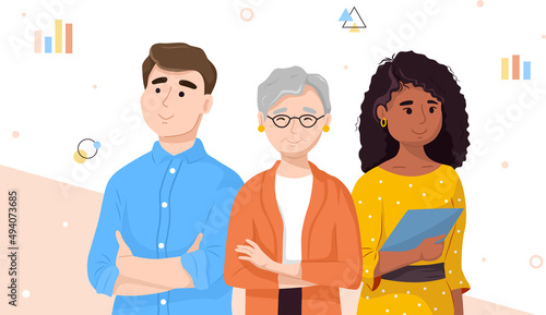 International team. A group of people of different nationalities and different ages. Modern team of employees. The concept of inclusion in the work team.