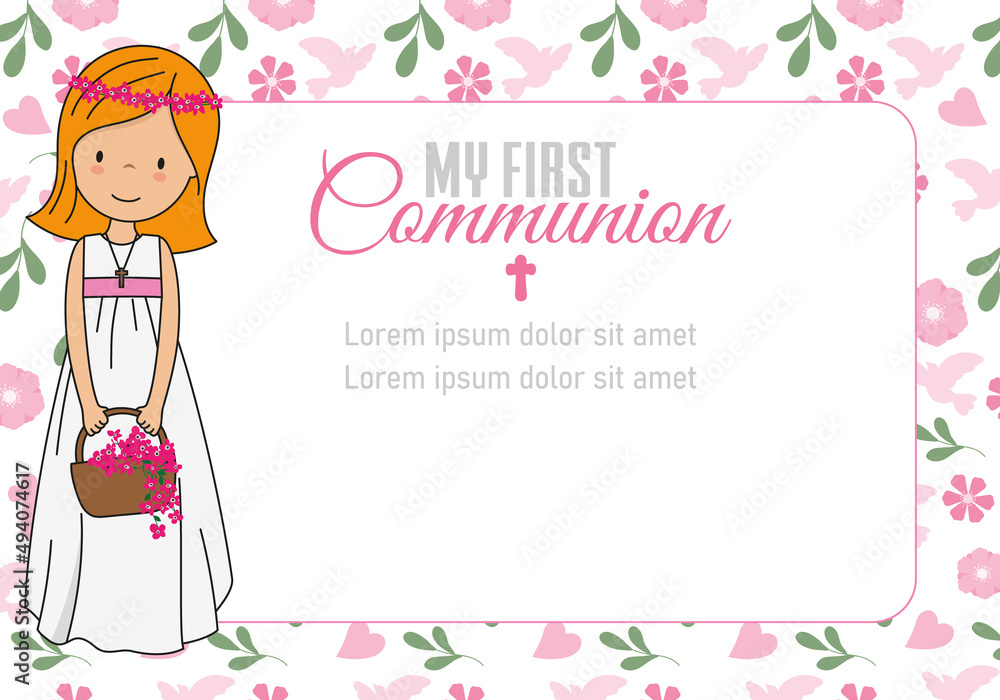 My first communion girl. Girl with basket of flowers. Frame with space for text
My first communion girl. Girl with basket of flowers. Frame with space for text