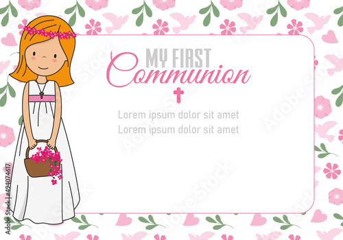My first communion girl. Girl with basket of flowers. Frame with space for text	
