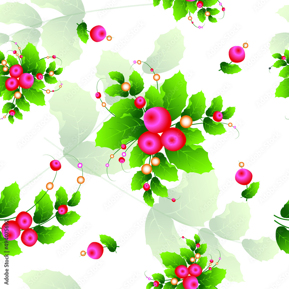 Floral seamless pattern with red berries and green leaves on a white ...