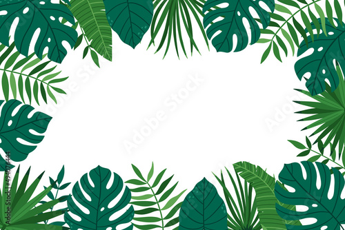 A frame of bright tropical plants. Hand-drawn leaves of monstera and palm trees. Vector summer illustration