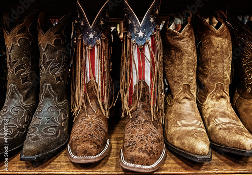 Canvas Print Closeup of Cowboy boots on sale in shops in downtown Nashville, Tennessee