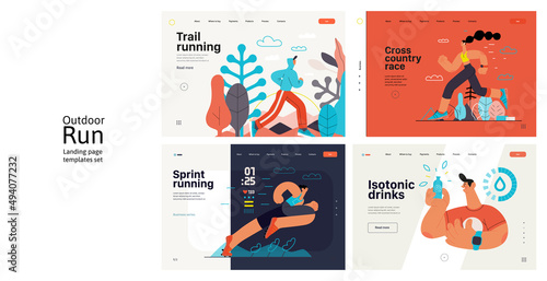 Runners website templates set. Flat vector concept illustrations of athletes running in a park, forest, stadium track or street landscape. Healthy activity and lifestyle. Sprint, jogging, warming up.
