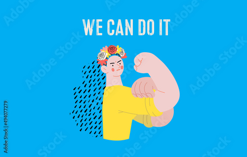 War and peace - We can do it -modern flat vector concept digital illustration of a young Ukranian woman posing with gesture from a famous war poster. Creative anti-war poster.
