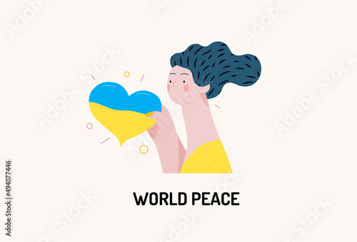 War and peace - Ukranian heart -modern flat vector concept digital illustration of young woman holding the Ukranian flag colored heart. Creative anti-war poster.