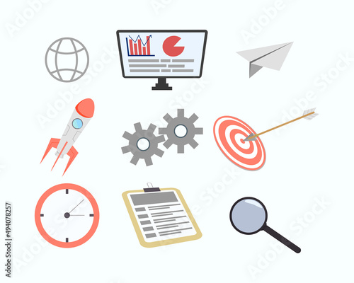 Set Of Flat Design Such As Rocket, Web, Computer, Paper Plane, Arrow Target, Lup, Gear, Clock, Clipboard. Isolated On Gray Background